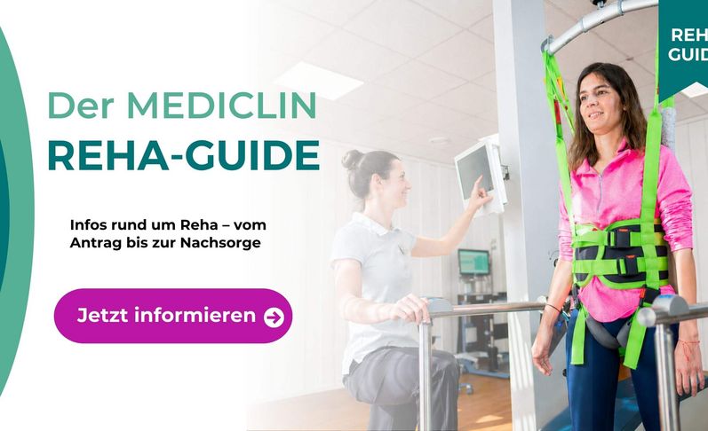 Patientin im Gangtrainer, Therapeutin, Reha-Guide-Teaser